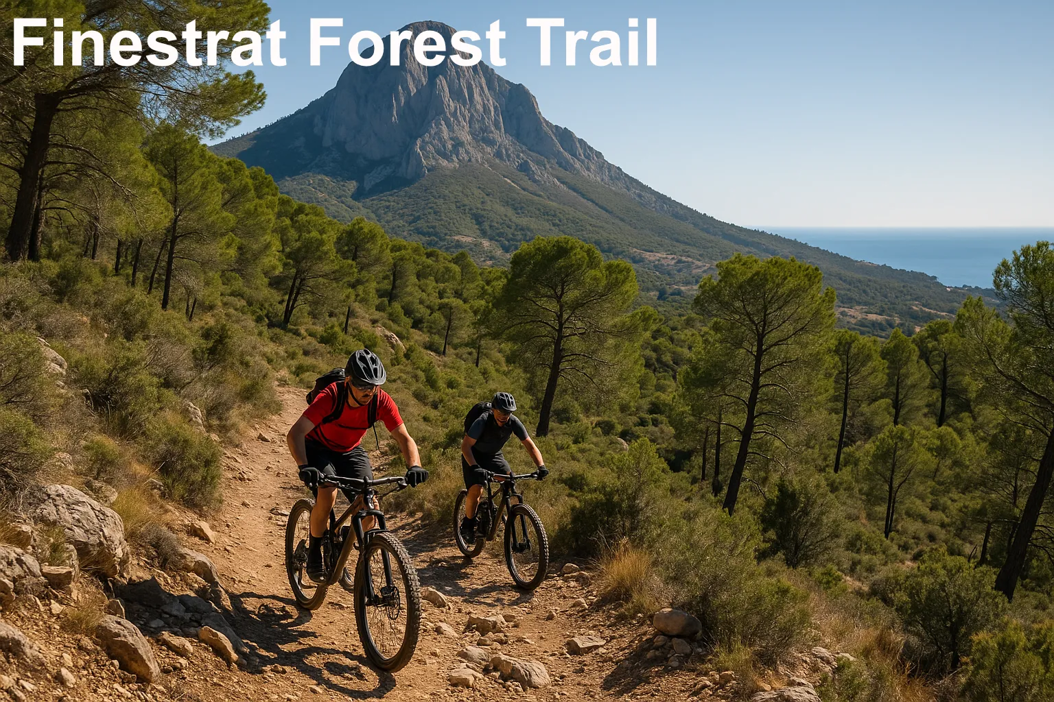 Finestrat Forest Trail Two mountain bikers riding on a rocky dirt trail through Mediterranean forest, with pine trees surrounding the path and a dramatic limestone mountain peak visible in the background under blue skies